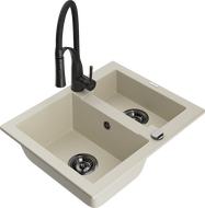 Mexen Carlos granite sink 1.5-bowl with Aster kitchen faucet, beige - 6518-69-73450-70-B