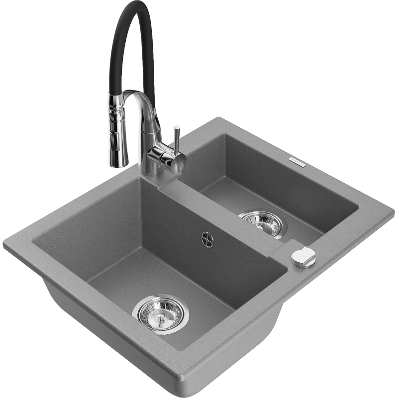 Mexen Carlos 1-compartment granite sink with a kitchen mixer tap Aster, Grey - 6518-71-73450-07