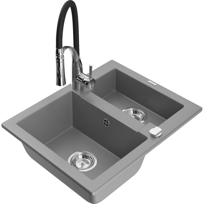 Mexen Carlos 1.5-bowl granite sink with Aster kitchen tap, grey - 6518-71-73450-07