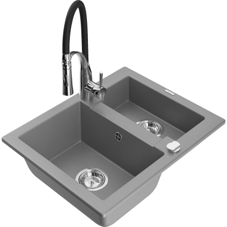 Mexen Carlos 1.5-bowl granite sink with Aster kitchen tap, grey - 6518-71-73450-07