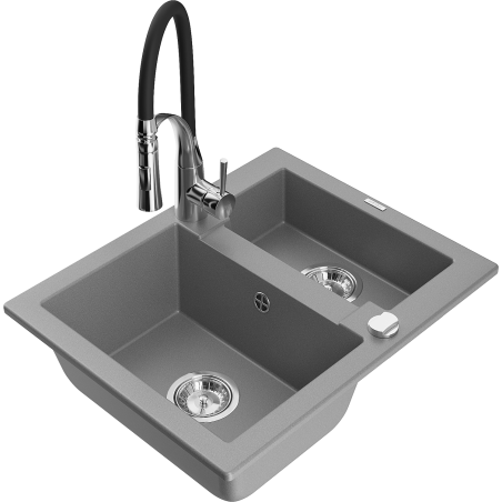 Mexen Carlos granite sink 1.5-bowl with Aster kitchen faucet, gray - 6518-71-73450-07