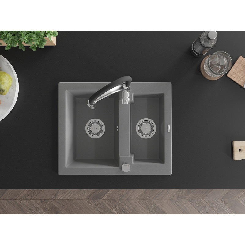 Mexen Carlos granite sink 1.5-bowl with Aster kitchen faucet, gray - 6518-71-73450-07