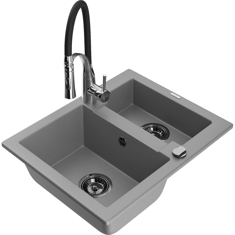 Mexen Carlos granite sink 1.5-bowl with Aster kitchen faucet, gray - 6518-71-73450-07-B
