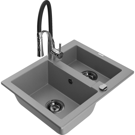 Mexen Carlos granite sink 1.5-bowl with Aster kitchen faucet, gray - 6518-71-73450-07-B