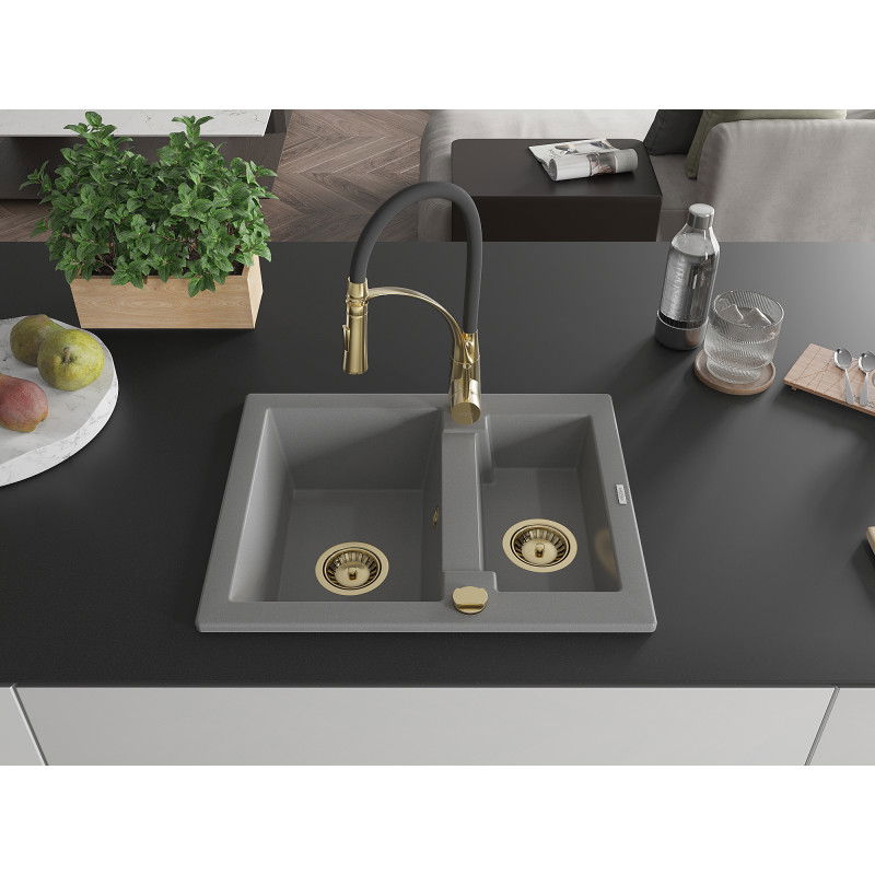 Mexen Carlos granite sink 1.5-bowl with Aster kitchen tap, grey - 6518-71-73450-57-G