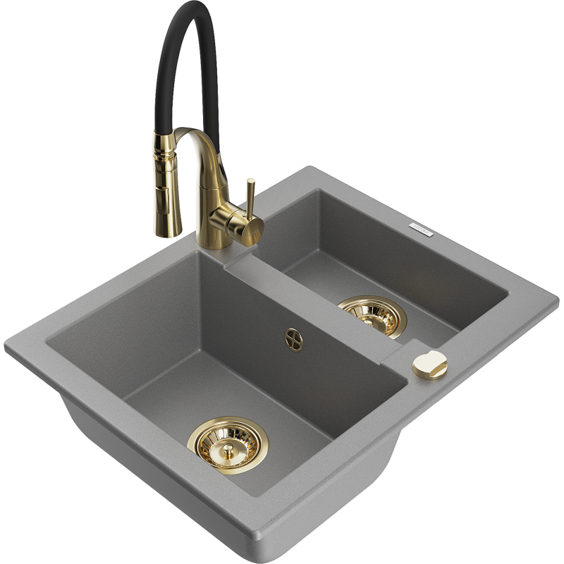 Mexen Carlos 1-compartment granite sink with a kitchen mixer tap Aster, Grey - 6518-71-73450-57-G