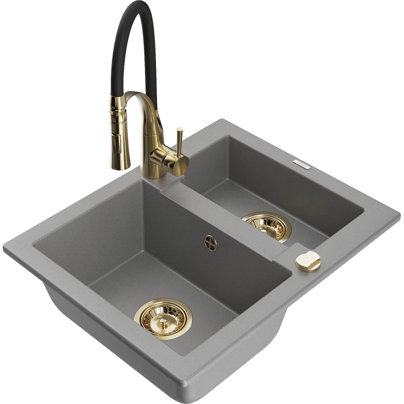Mexen Carlos 1.5-bowl granite sink with Aster kitchen faucet, gray - 6518-71-73450-57-G