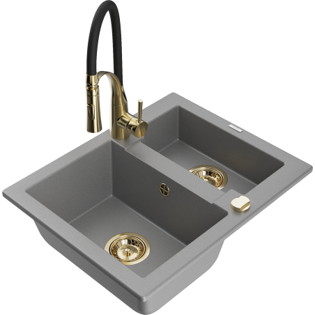 Mexen Carlos 1.5-bowl granite sink with Aster kitchen faucet, gray - 6518-71-73450-57-G