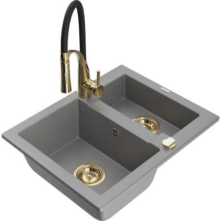 Mexen Carlos granite sink 1.5-bowl with Aster kitchen tap, grey - 6518-71-73450-57-G
