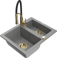 Mexen Carlos granite sink 1.5-bowl with Aster kitchen tap, grey - 6518-71-73450-57-G