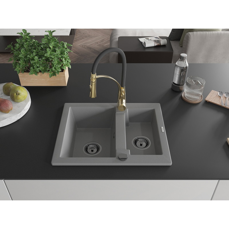 Mexen Carlos 1.5-bowl granite sink with Aster kitchen faucet, gray - 6518-71-73450-57-B