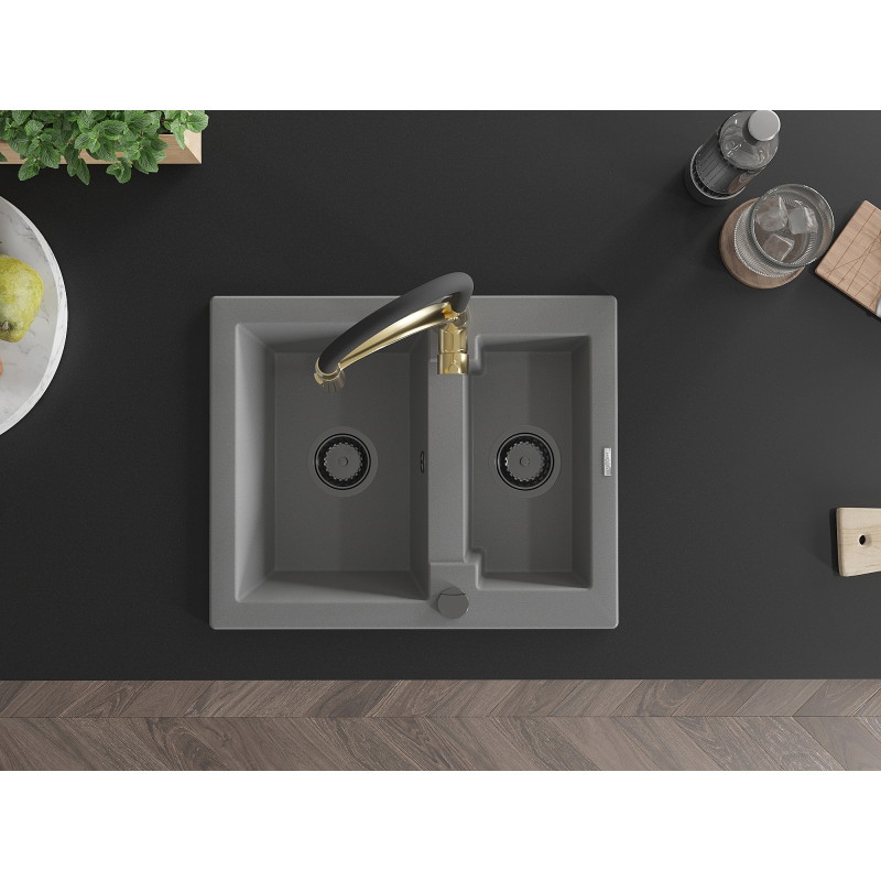 Mexen Carlos 1.5-bowl granite sink with Aster kitchen faucet, gray - 6518-71-73450-57-B