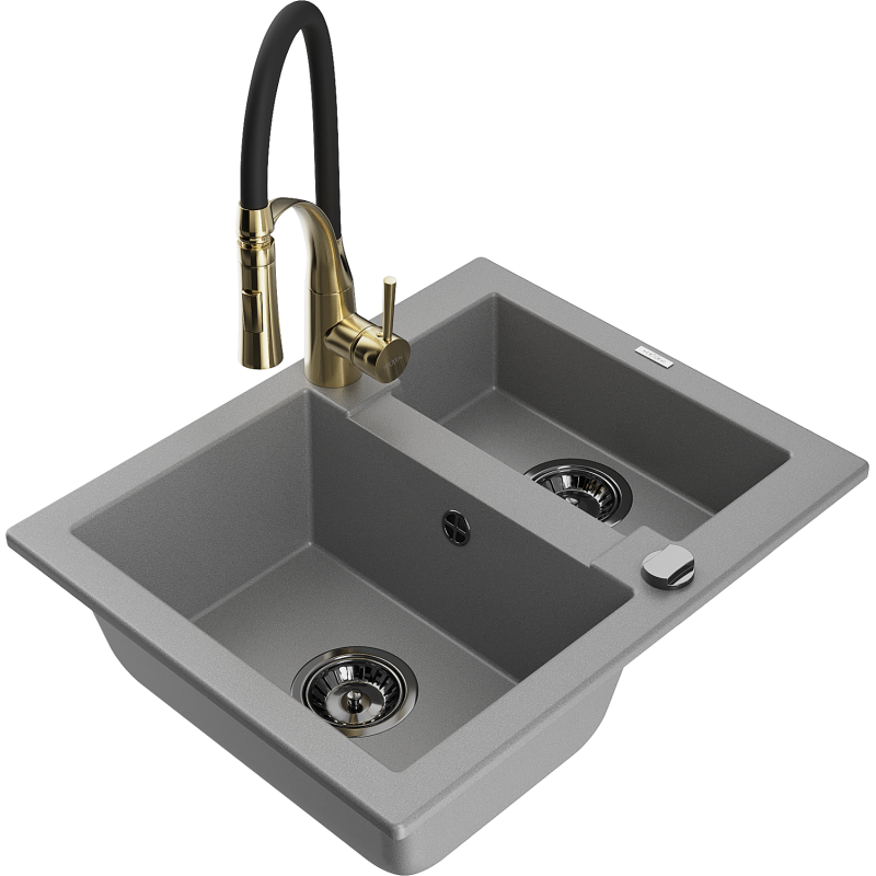 Mexen Carlos 1-compartment granite sink with a kitchen mixer tap Aster, Grey - 6518-71-73450-57-B