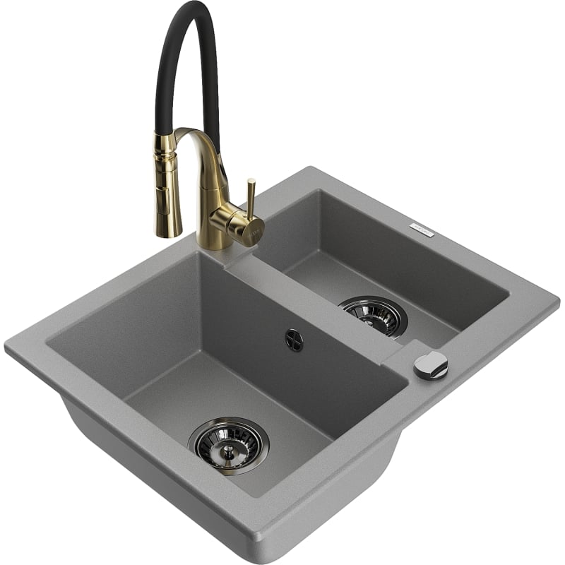Mexen Carlos 1.5-bowl granite sink with Aster kitchen faucet, gray - 6518-71-73450-57-B