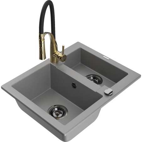Mexen Carlos 1-compartment granite sink with a kitchen mixer tap Aster, Grey - 6518-71-73450-57-B