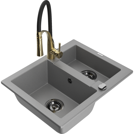 Mexen Carlos 1.5-bowl granite sink with Aster kitchen faucet, gray - 6518-71-73450-57-B