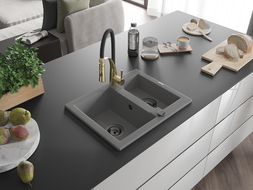 Mexen Carlos 1-compartment granite sink with a kitchen mixer tap Aster, Grey - 6518-71-73450-57-B