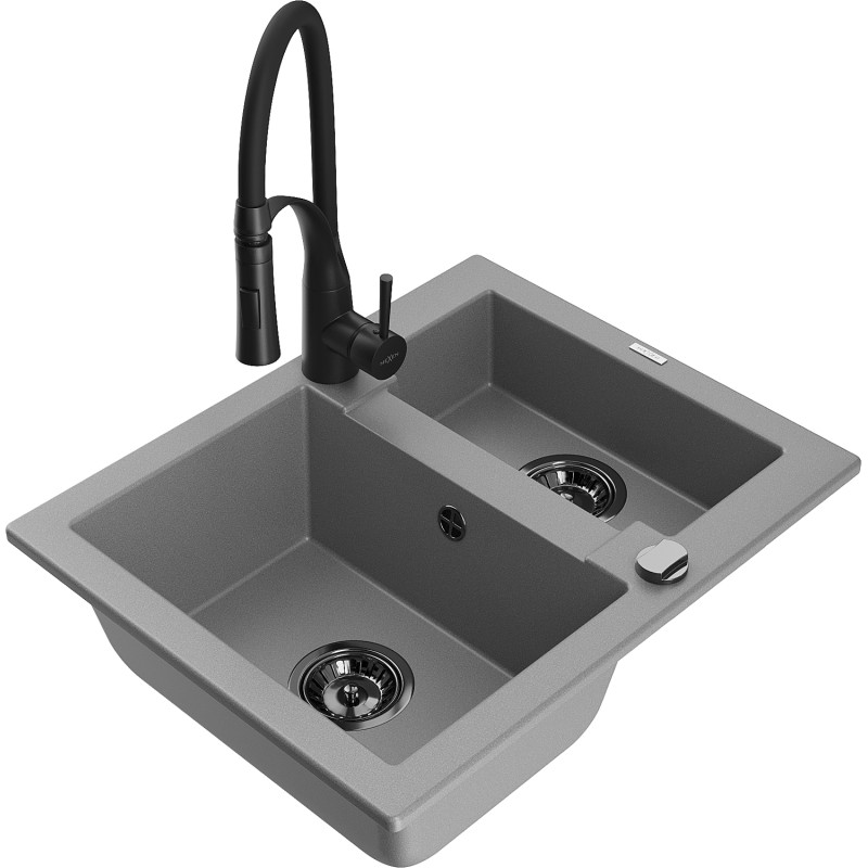 Mexen Carlos granite sink 1.5-bowl with Aster kitchen faucet, gray - 6518-71-73450-70-B
