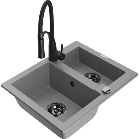 Mexen Carlos granit sink 1.5-bowl with Aster kitchen faucet, gray - 6518-71-73450-70-B