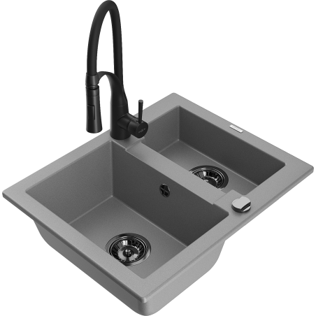 Mexen Carlos granite sink 1.5-bowl with Aster kitchen faucet, gray - 6518-71-73450-70-B