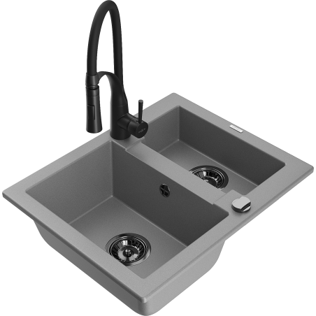 Mexen Carlos granite sink 1.5-bowl with Aster kitchen tap, grey - 6518-71-73450-70-B