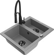 Mexen Carlos granite sink 1.5-bowl with Aster kitchen faucet, gray - 6518-71-73450-70-B