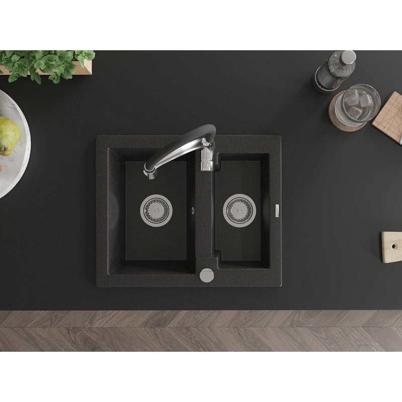Mexen Carlos 1.5-bowl granite sink with Aster kitchen faucet, black/silver metallic - 6518-73-73450-07
