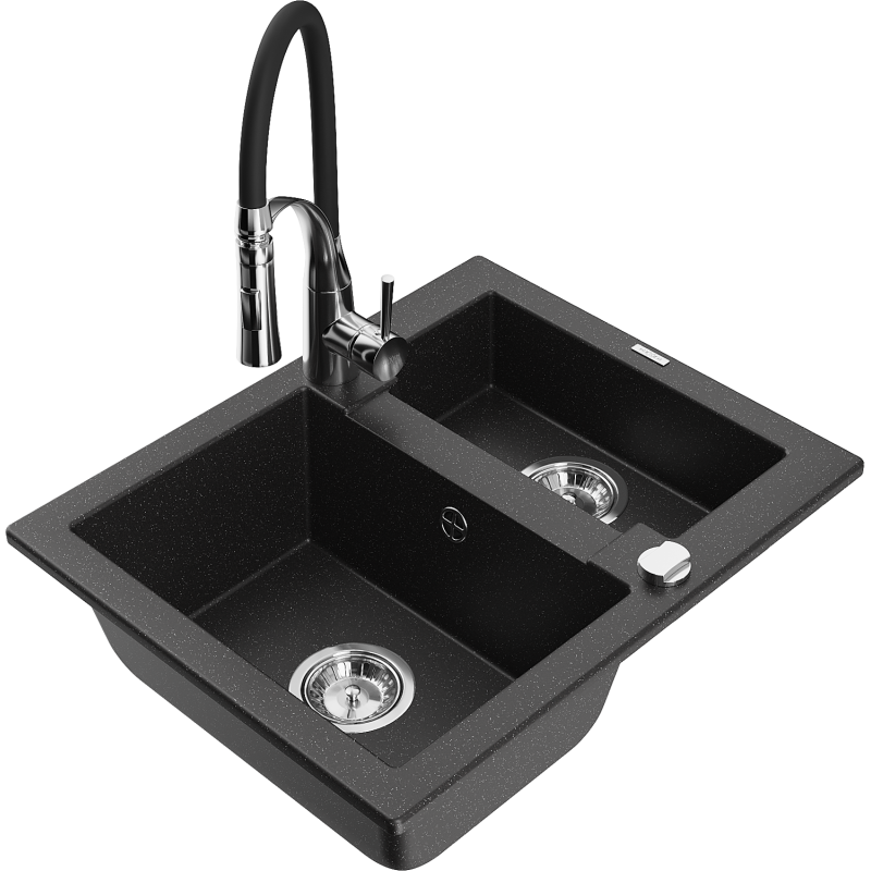 Mexen Carlos 1-compartment granite sink with a kitchen mixer tap Aster, Black/Silver metallic - 6518-73-73450-07
