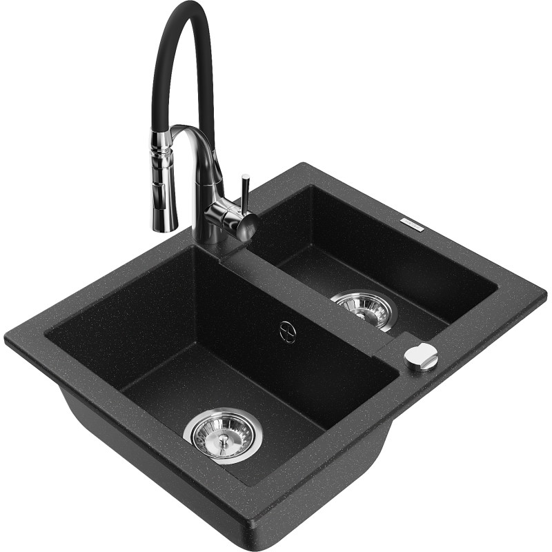 Mexen Carlos 1.5-bowl granite sink with Aster kitchen faucet, black/silver metallic - 6518-73-73450-07