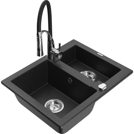 Mexen Carlos 1.5-bowl granite sink with Aster kitchen faucet, black/silver metallic - 6518-73-73450-07