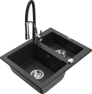 Mexen Carlos 1.5-bowl granite sink with Aster kitchen faucet, black/silver metallic - 6518-73-73450-07