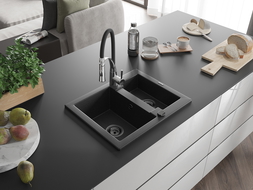 Mexen Carlos Granite Sink 1.5-Bowl with Aster Kitchen Tap, Black/Silver Metallic - 6518-73-73450-07-B