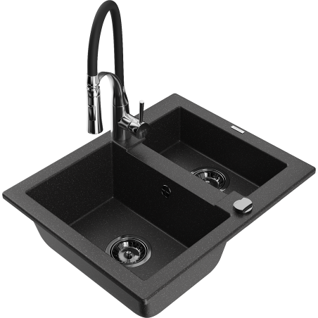 Mexen Carlos 1.5-Bowl Granite Sink with Aster Kitchen Faucet, Black/Silver Metallic - 6518-73-73450-07-B