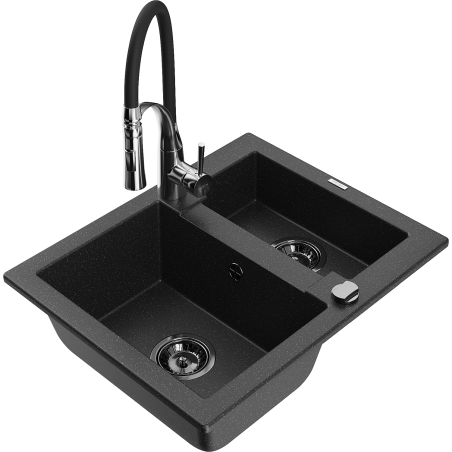 Mexen Carlos granite sink 1.5-bowl with Aster kitchen faucet, black/silver metallic - 6518-73-73450-07-B