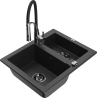Mexen Carlos granite sink 1.5-bowl with Aster kitchen faucet, black/silver metallic - 6518-73-73450-07-B