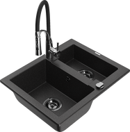 Mexen Carlos Granite Sink 1.5-Bowl with Aster Kitchen Tap, Black/Silver Metallic - 6518-73-73450-07-B