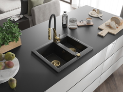 Mexen Carlos granite sink 1.5-bowl with Aster kitchen tap, black/silver metallic - 6518-73-73450-57-G
