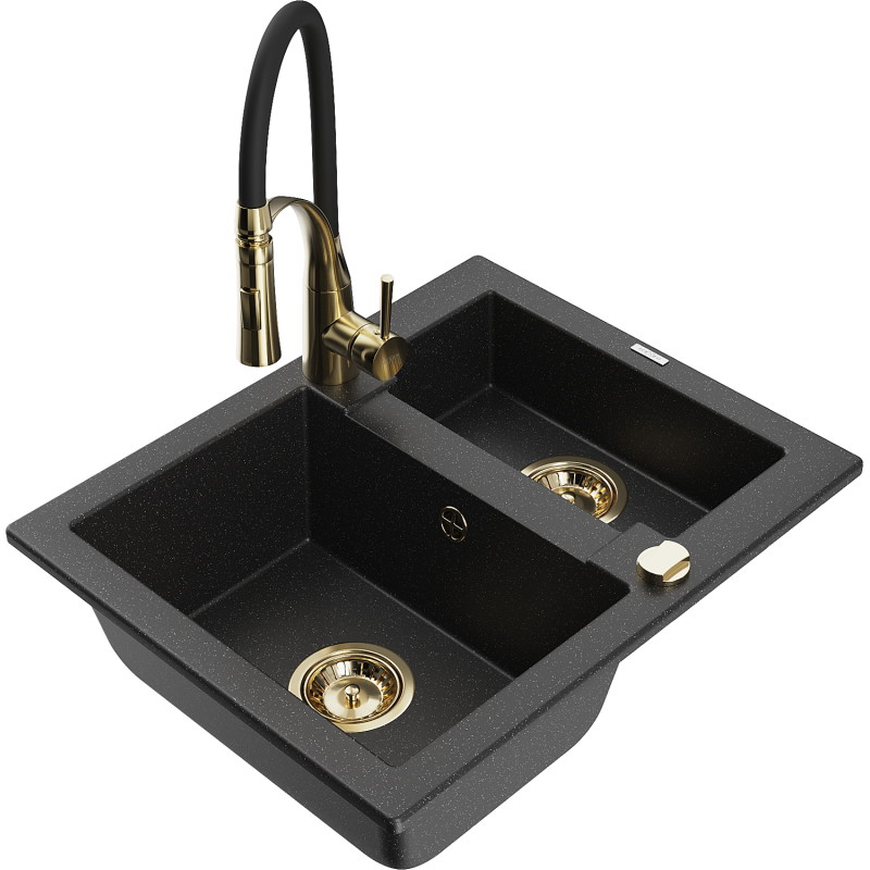 Mexen Carlos 1.5-bowl granite sink with Aster kitchen faucet, black/silver metallic - 6518-73-73450-57-G