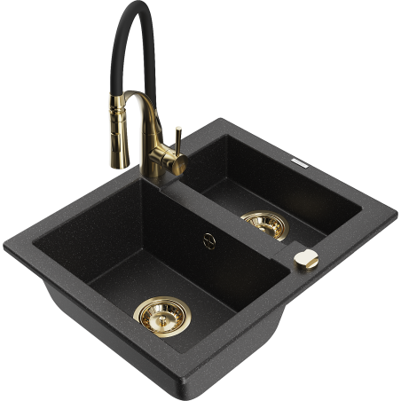 Mexen Carlos 1.5-bowl granite sink with Aster kitchen faucet, black/silver metallic - 6518-73-73450-57-G