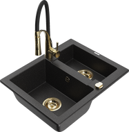 Mexen Carlos granite sink 1.5-bowl with Aster kitchen tap, black/silver metallic - 6518-73-73450-57-G