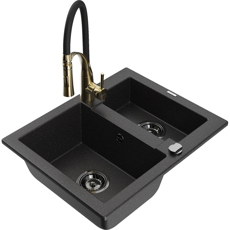 Mexen Carlos granite sink 1.5-bowl with Aster kitchen tap, black/silver metallic - 6518-73-73450-57-B