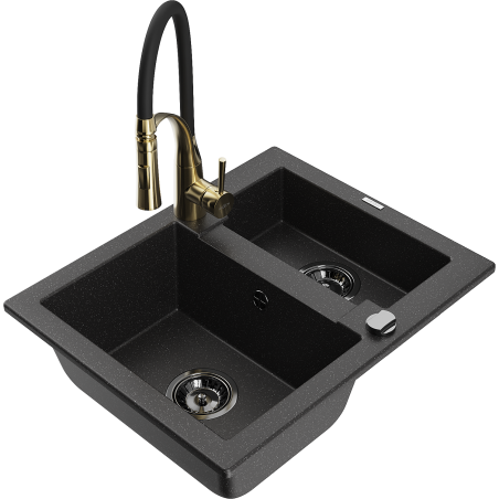 Mexen Carlos 1.5-bowl granite sink with Aster kitchen faucet, black/silver metallic - 6518-73-73450-57-B