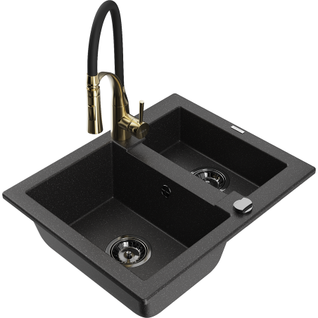 Mexen Carlos granite kitchen sink 1.5-bowl with Aster kitchen faucet, black/silver metallic - 6518-73-73450-57-B