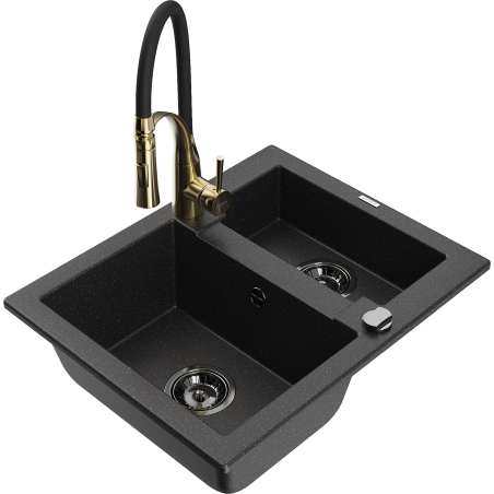 Mexen Carlos granite sink 1.5-bowl with Aster kitchen tap, black/silver metallic - 6518-73-73450-57-B