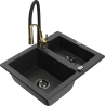 Mexen Carlos granite kitchen sink 1.5-bowl with Aster kitchen faucet, black/silver metallic - 6518-73-73450-57-B