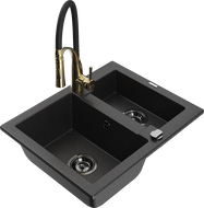 Mexen Carlos granite kitchen sink 1.5-bowl with Aster kitchen faucet, black/silver metallic - 6518-73-73450-57-B