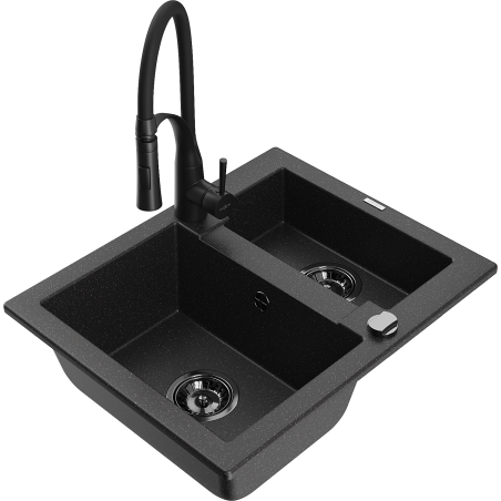 Mexen Carlos 1.5-bowl granite sink with Aster kitchen faucet, black/silver metallic - 6518-73-73450-70-B