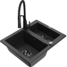 Mexen Carlos granite sink 1.5-bowl with Aster kitchen faucet, black/silver metallic - 6518-73-73450-70-B
