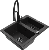 Mexen Carlos 1.5-bowl granite sink with Aster kitchen faucet, black/silver metallic - 6518-73-73450-70-B