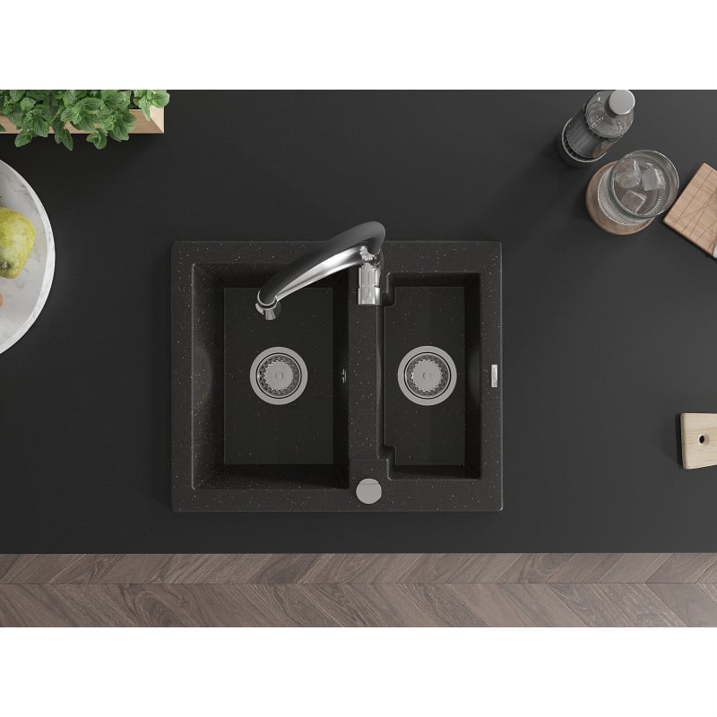 Mexen Carlos granite kitchen sink 1.5-bowl with Aster kitchen faucet, black/gold metallic - 6518-75-73450-07